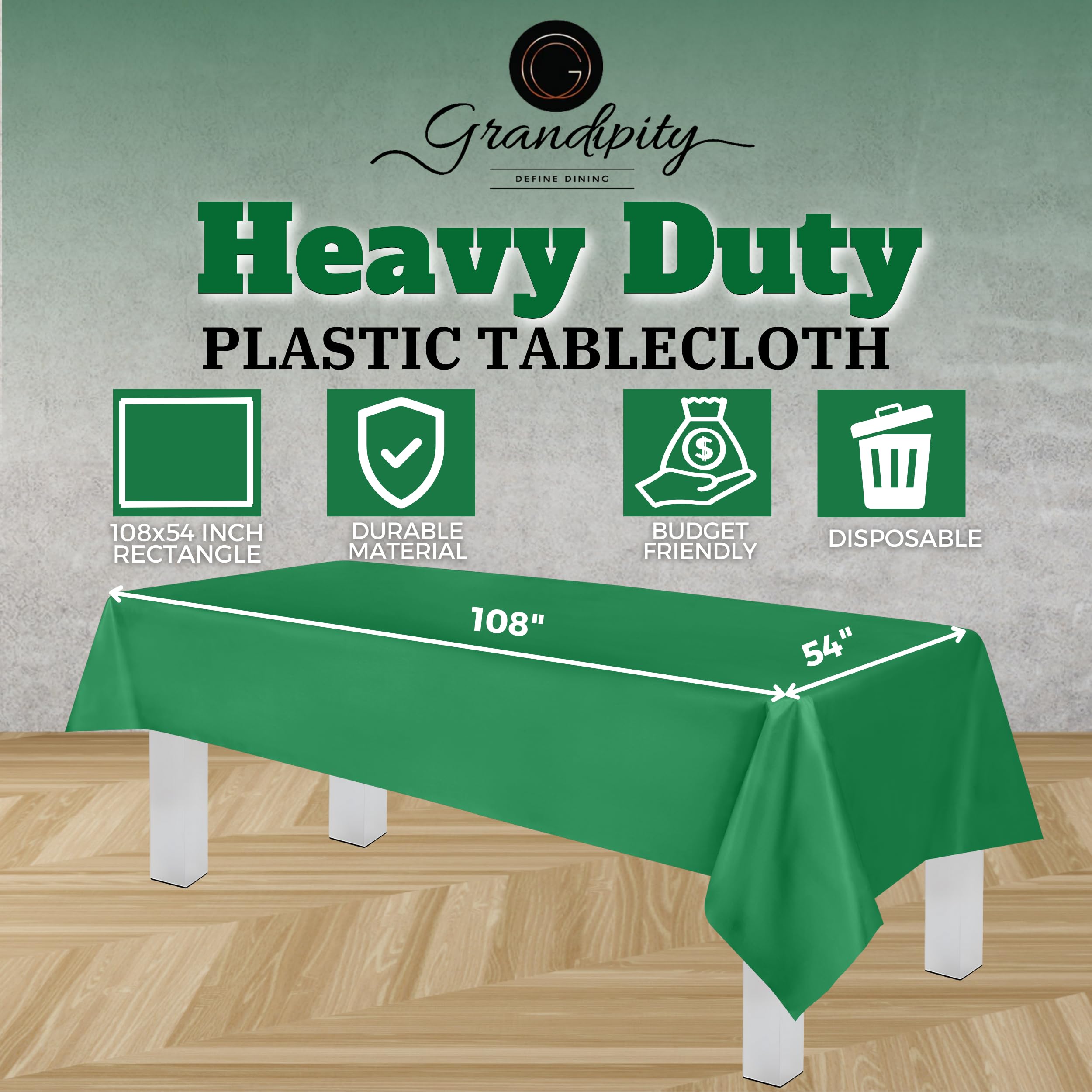 Grandipity Green Plastic Table Cloth Disposable (6 Pk) 54In X 108In Plastic Tablecloths For Rectangle Tables - Premium Party Tab